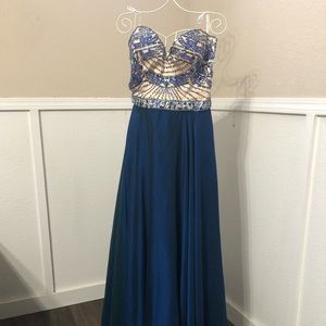 Sherri Hill 12 blue & tan beaded sweetheart prom